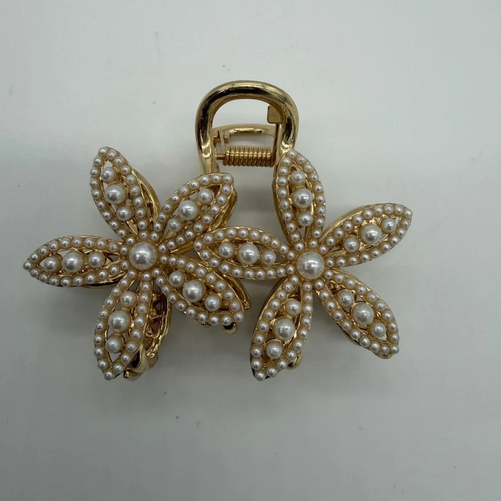 Gold Flower Hair Claw Clip Set Faux Pearl Rhinestone Crystal 2pc Floral Jewelry